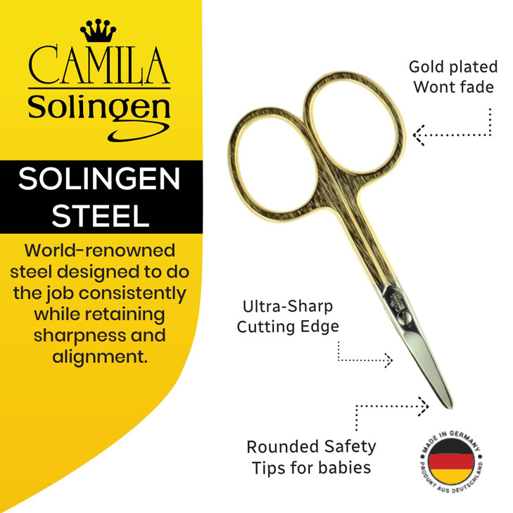 Camila Solingen CS01 Safety Tip Baby Nail Scissors for Manicure and Pedicure Hypoallergenic Gold Grooming Scissors for T