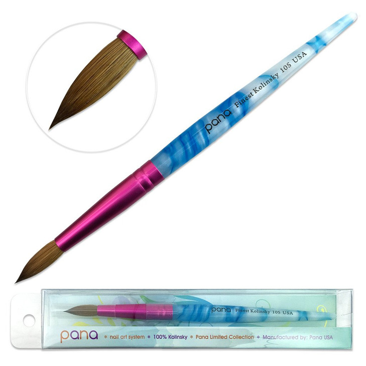 PANA USA Acrylic Nail Brush Pure Kolinsky Hair Acrylic White Swirl Blue Handle with Pink Ferrule Round Shaped Size 10