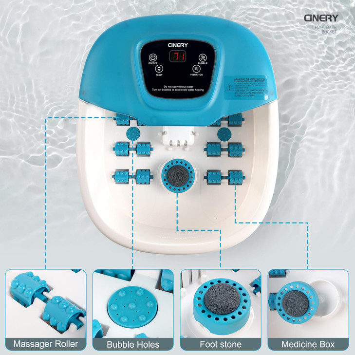 Cinery Foot Spa Bath Massager with Heat Bubbles Vibration and Pedicure Foot Spa with 16 Rollers for Feet Stress Relief F