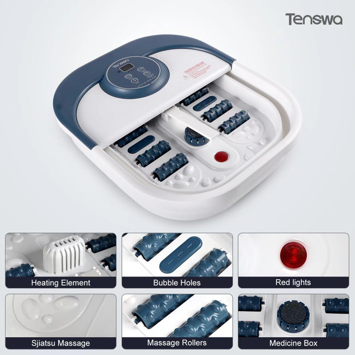 Tenswa Collapsible Foot Spa Bath Massager with Heat Bubbles Pedicure Foot Spa with 8 Rollers Tub for Stress Relief Soake