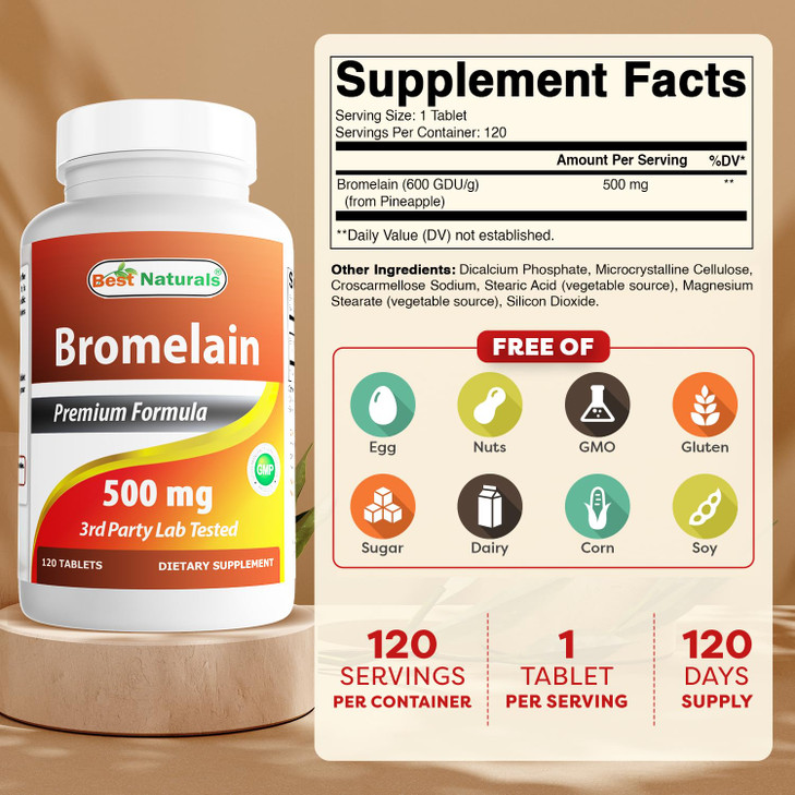 Best Naturals Bromelain Proteolytic Digestive Enzymes Supplements, 500 mg, 120 Tablets - Supports Healthy Digestion, Joint Health, Nutrient Absorptio