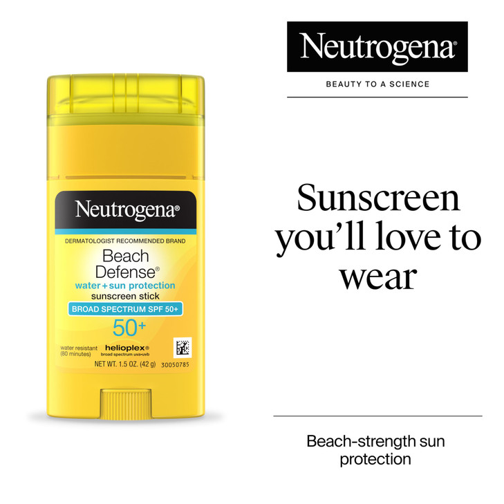 Neutrogena Beach Defense Sunscreen Stick SPF 50, Broad Spectrum Sun Protection for Face & Body, Water-Resistant, Non-Greasy Formula, Travel Size for