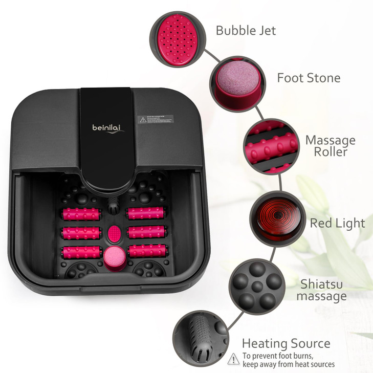 Beinilai Collapsible Foot SpaFoot Bath with Heat and Massage and Bubble JetsFoot Soak Tub with Six Non Motorized Rollers