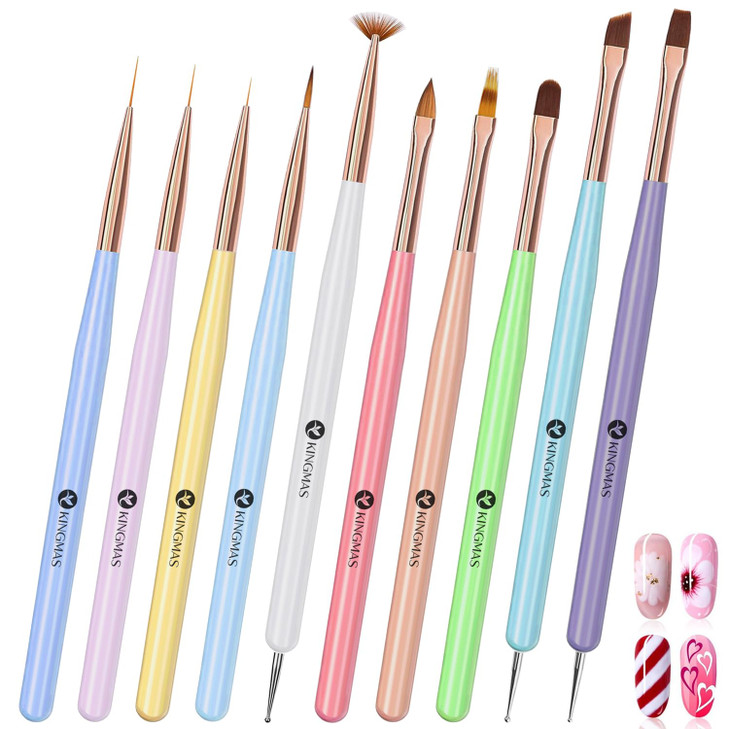 KINGMAS 10 Pcs Nail Art Brushes Clean Up Painting Brush Drawing Pen Nail Liner Brush and Nail Dotting Pen