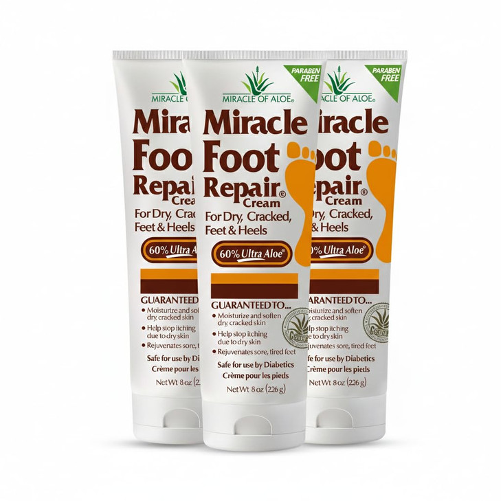 Miracle Foot Repair Cream 8 oz 3Pack Repairs Dry Cracked Heels and Feet 60 Pure UltraAloe Moisturizes Softens and Repair