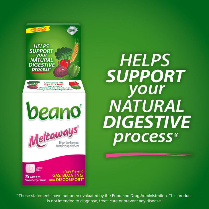 Beano Meltaways Digestive Enzyme Supplement - Strawberry Flavor, Dissolvable Supplement with Enzymes for Digestion, Gas Prevention & Bloating Relief, online at globaldelivered