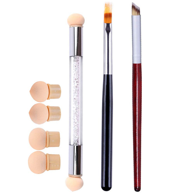 WOKOTO 3Pcs Ombre Nail Brush Set With 4 Replaceable Sponge Heads Wooden Gel Builder Blending Nail Ombre Brush Double Hea