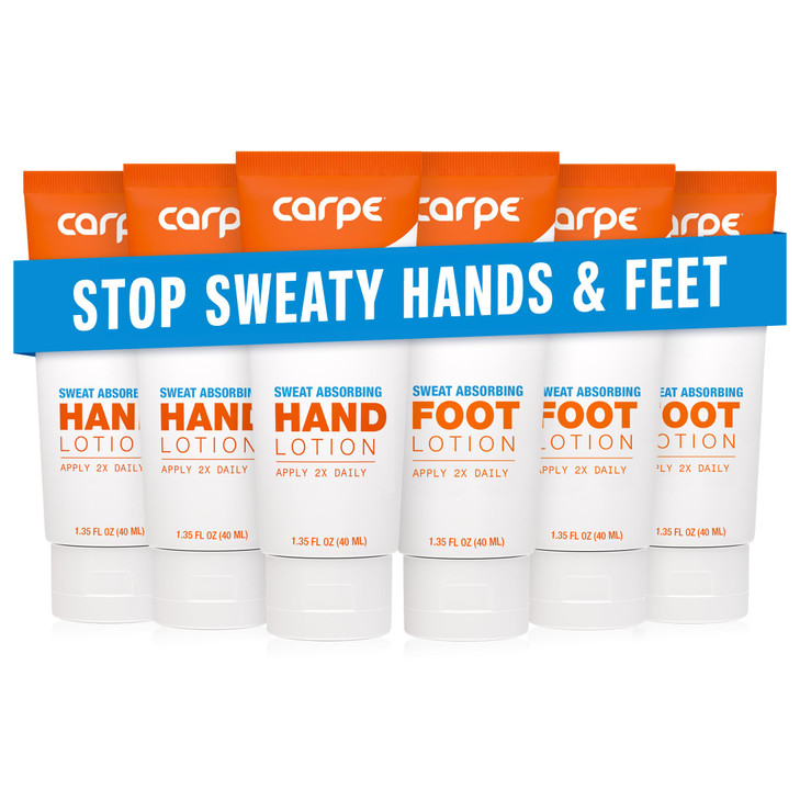 Carpe Sweat Absorbing Hand and Foot Lotion Bundle 3 Hand and 3 Foot Tubes Stop Sweaty Hands and Sweaty Smelly Feet Derma