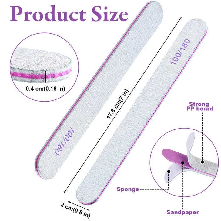 200 Pcs Nail Files 100180 Grit Double Sides Emery Boards Reusable Nail Files for Acrylic Fingernails Professional Manicu