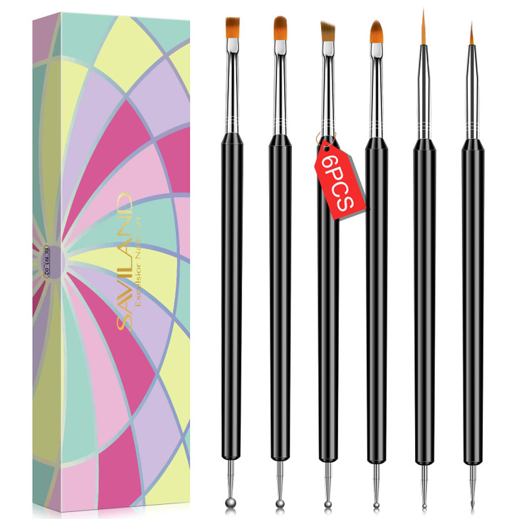 SAVILAND Nail Art Brushes Set 6pcs DoubleEnd Nail Art Tools Professional Nail Art Kit Dotting Tools Line Pen Painting Br