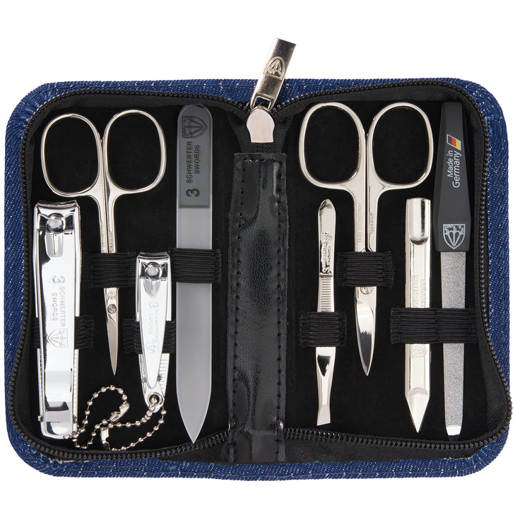 3 Swords Germany brand quality 8 piece manicure pedicure grooming kit set textil case jeans blue Made in Germany