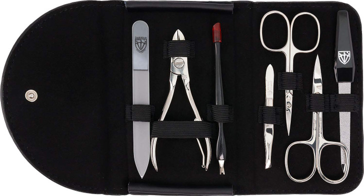 3 Swords Germany brand quality 7 piece manicure pedicure kit set nail care tools by 3 Swords black genuine leather