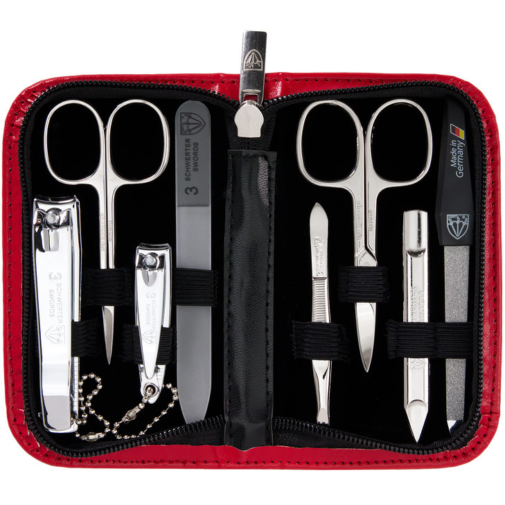 3 Swords Germany brand quality 8 piece manicure pedicure grooming kit set synthetic leather case red Made in Germany