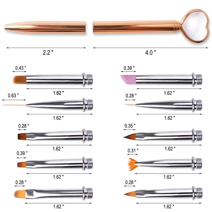 SILPECWEE Acrylic Nail Brush Set 10Piece Replacement Head Liner Oval Flat Angled Fan Ombre Pumice Stone Drawing Nail Des