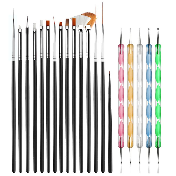 JOYJULY 20pcs Nail Art Design Tools 15pcs Painting Brushes Set with 5pcs Dotting Pens BLACK