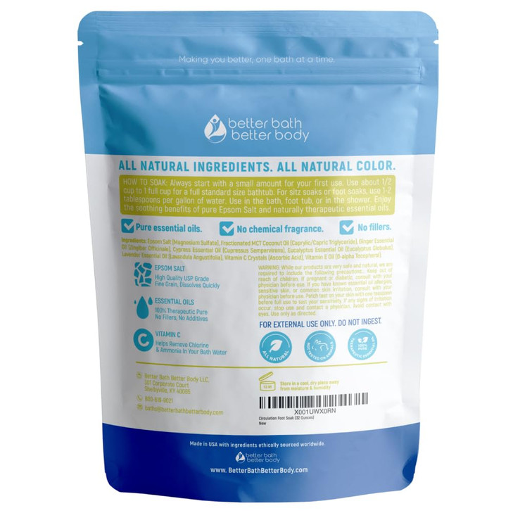 Circulation Foot Soak 32 Ounces 2 Lbs Epsom Salt with Pure Essential Oils Ginger and Cypress Essential Oils Plus Vitamin