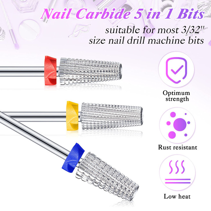 Honoson 3 Pcs Carbide 5 in 1 Nail Drill Bit Set Two Way Rotate Use for Both Left and Right HandedXfFM 332 Inch Drill Nai
