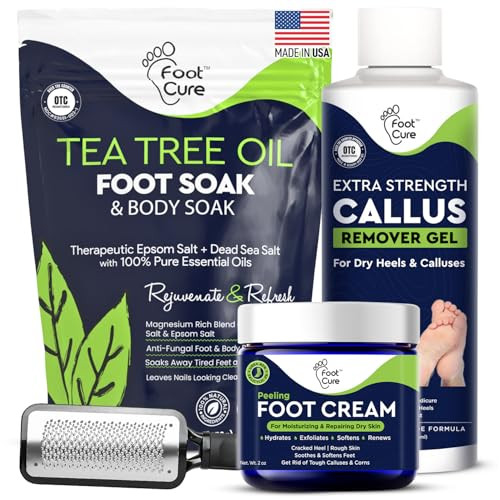 FOOT CURE Exfoliator Callus Remover Pedicure Set Care Kit Includes File for Dead Skin Tea Tree Oil Soak Salts Urea Cream