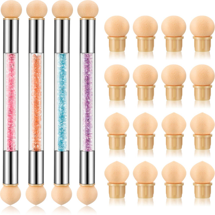 Maitys 4 Pcs UV Gel Gradient Sponges Pens with 16 Pcs Replacement Head Nail Sponges for Ombre Double Head Brush for Nail