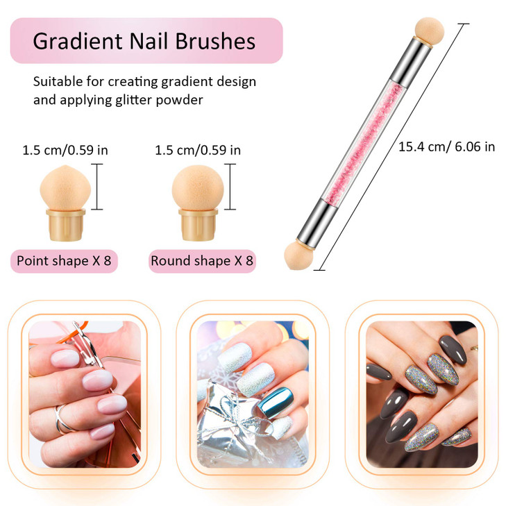Maitys 4 Pcs UV Gel Gradient Sponges Pens with 16 Pcs Replacement Head Nail Sponges for Ombre Double Head Brush for Nail