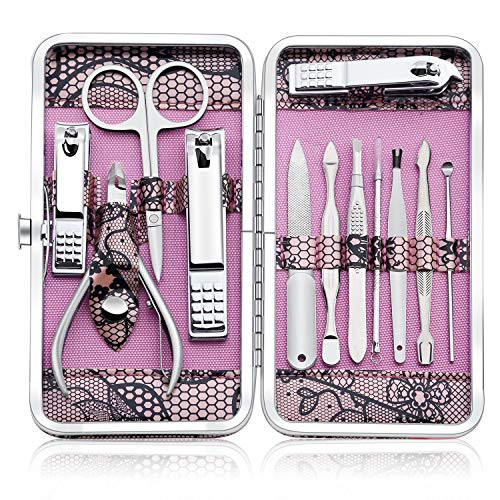 Manicure Set Professional Nail Clippers Kit Pedicure Care Tools Stainless Steel Grooming Kit 12Pcs for Travel or Home Pi