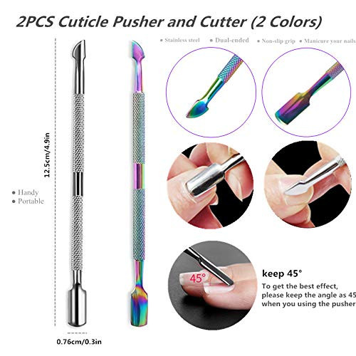 FULINJOY 2PCS Cuticle Pusher and Cutter Stainless Steel Dual Head Cutter and Trimmer Manicure and Pedicure Tool for Fing