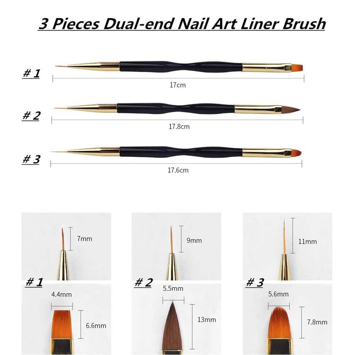 FULINJOY 3 Pcs Nail Drawing Pen Dual End Nail Art Pen Brush Acrylic Round Flat Painting Drawing Liner Nail Tools