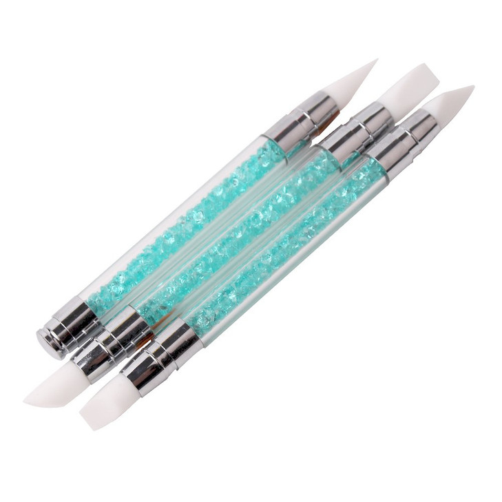 WOKOTO 3 Pcs Set 2 Ways Silicone Nail Art Acrylic Pen Brushes set Blue Rhinestones Design Sculpture Carving Brush For 3D