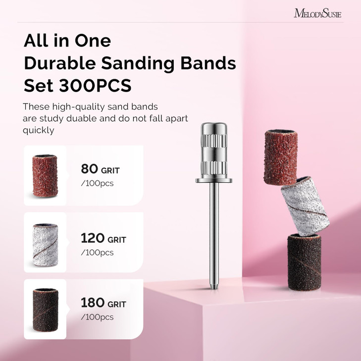 MelodySusie 300 Pcs Professional Sanding Bands with Mandrel for Nail Drill 80 Coarse 120 Medium 180 Fine Grit EFile Sand