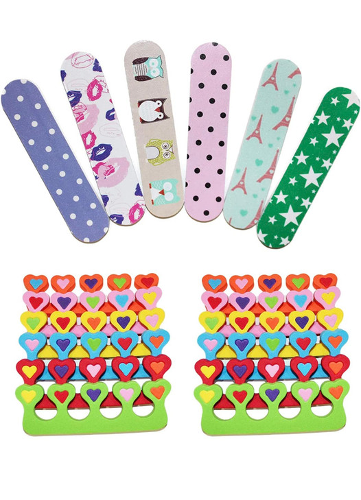 ZMOI 6 Pieces Colorful Girly Mini Emery Nail Files 6 Pairs Heart Design Toe Separators ManicurePedicure Kit Kid Spa Part