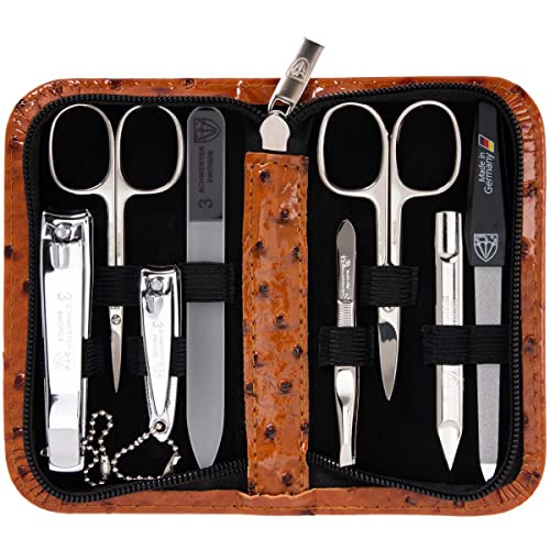 3 Swords Germany brand quality 8 piece manicure pedicure grooming kit set synthetic leather case ostrich cognac Made in