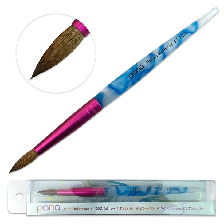 PANA USA Acrylic Nail Brush Pure Kolinsky Hair Acrylic White Swirl Blue Handle with Pink Ferrule Round Shaped Size 8