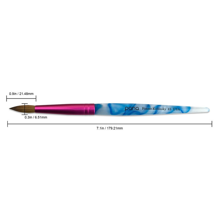 PANA USA Acrylic Nail Brush Pure Kolinsky Hair Acrylic White Swirl Blue Handle with Pink Ferrule Round Shaped Size 8