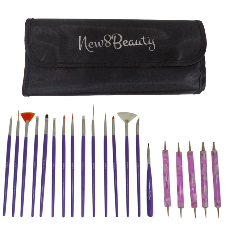Nail Art Brushes Dotting Pens Marbling Detailing Painting Striping Tools 20pc Kit Set with RollUp Pouch Best for nail ar