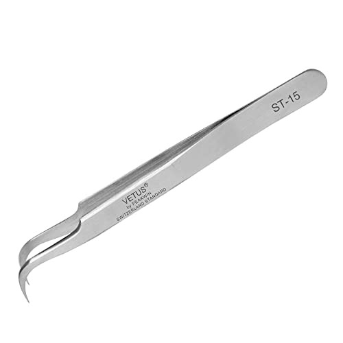 Vetus Tweezer Nonmagnetic Stainless Steel Curved Slant Tip Eyelash Eyebrow Tool ST15