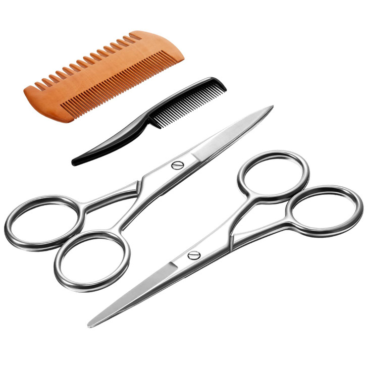 TecUnite 4 Pieces Mustache Scissors Grooming Kit for Men Beard Trimmer Set 2 Small Combs and 2 Scissors Beard Trimming K