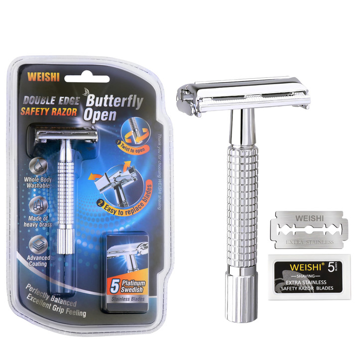 WEISHI Butterfly Open Double Edge Safety Razor for Men Chrome Short Handle with 5 Stainless Razor Blades Included Reusab