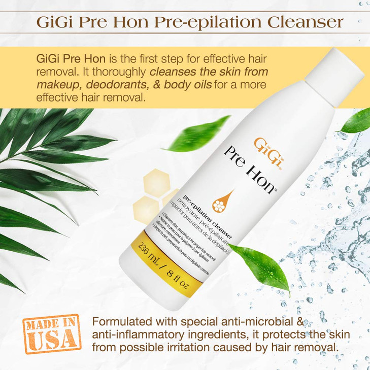 GiGi Pre Hon PreEpilation Pre Wax Cleanser Skin Prep for Waxing Removes Oil Impurities Ideal for Face Body 8 fl oz