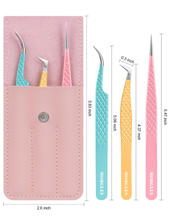MORGLES Lash Tweezers Fiber Tip 2 Pcs Curved and Volume Eyelash Tweezers for Lash Extensions with Bag