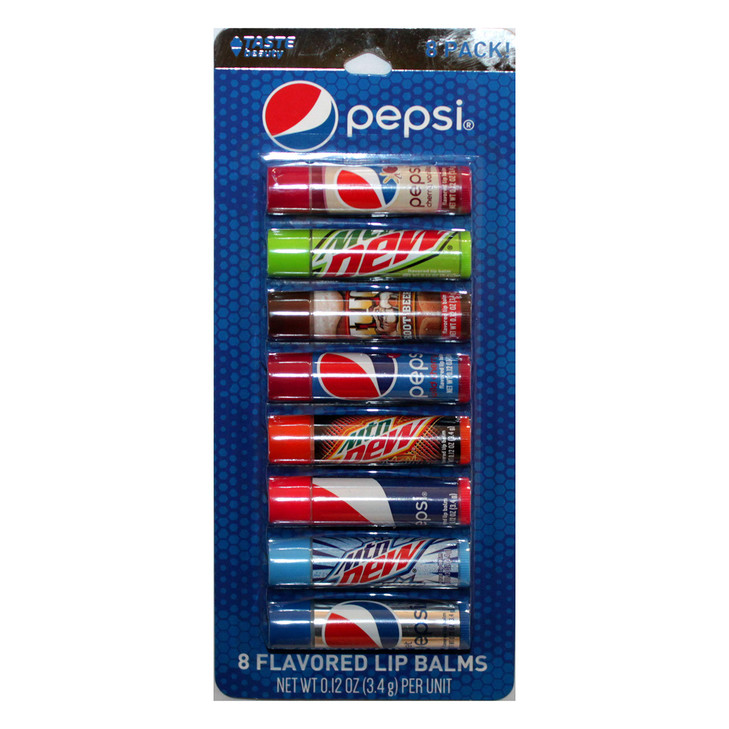 Taste Beauty (1) Party Pack Pepsi - 8pc Soda Flavored Lip Balm Sticks - Flavors: Cherry Vanilla, Mountain Dew, Mug Root Beer, Wild Cherry, Livewire, online at globaldelivered