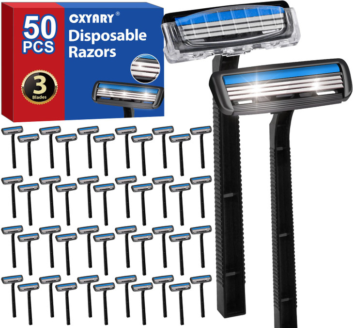 CXYARY 50 Pcs 3 Blade Disposable Razors With Clear Safety Cap Shaving Razors Bulk for Men Women Stainless Steel Blade Mu