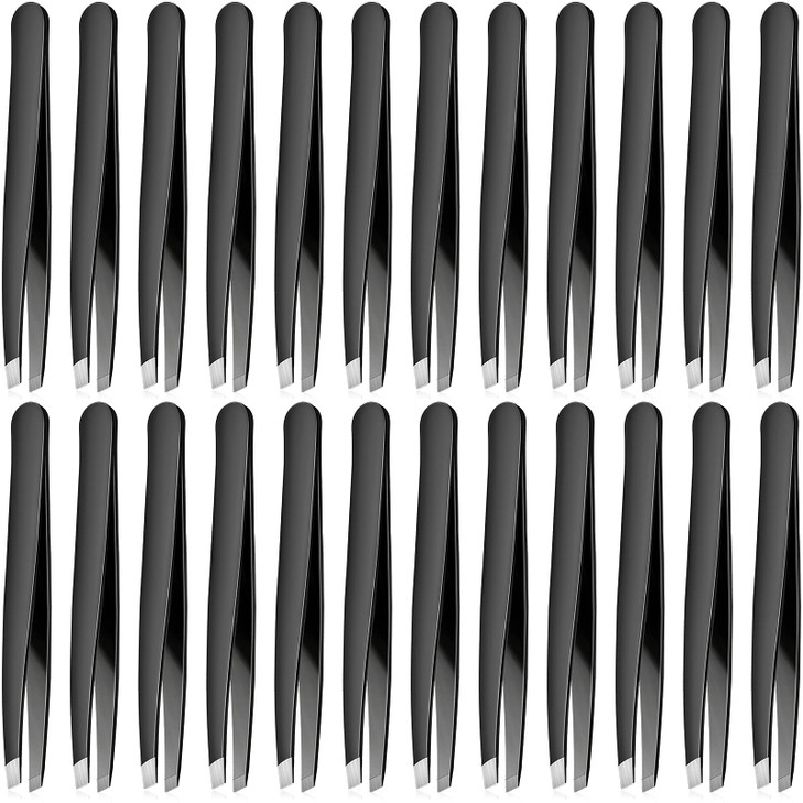 Mudder 24 Pieces Eyebrow Tweezers Bulk Stainless Steel Slanted Tip Precision Tweezers for Facial Hair Blackhead and Tick
