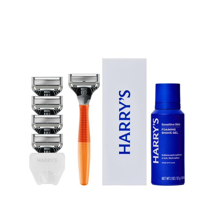 Harrys Original Shaving Kit for Men Razor Handle 5 Razor Blade Refills Foaming Shave Gel and Travel Blade Cover German E