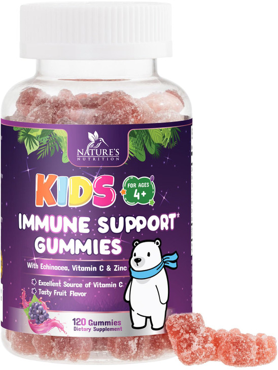 Kids Immune Support Gummies - Vitamin C, Zinc & Echinacea Children's Daily Immune Health Support Gummy Supplement for Ages 4 and Up, Natures Kid's Vi
