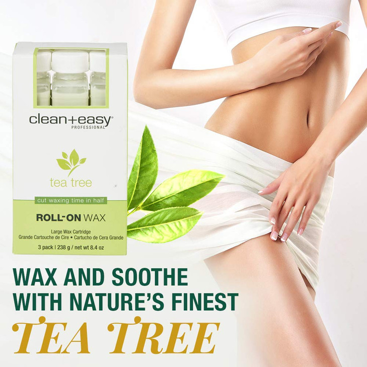 Clean Easy Tea Tree Roll On Wax Large Soft Wax Refill Cartridge for Hair Removal on Sensitive Skin Legs Body 3 Pack