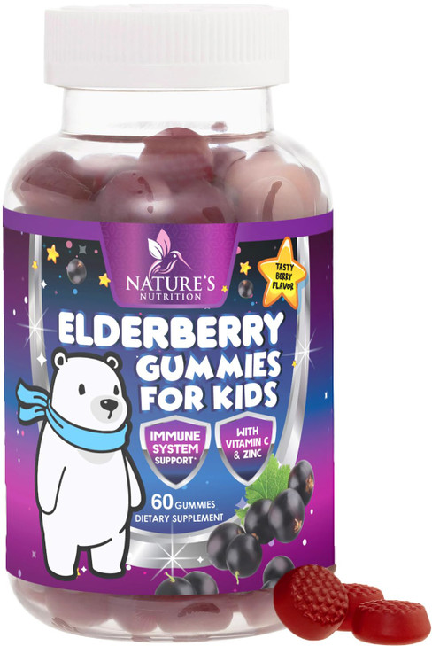 Kids Immune Support Elderberry Gummies - Daily Children's Vitamins C, Zinc & Kids Support Gummy - Nature's Sambucus Elderberry Supplement, Vegan, Glu