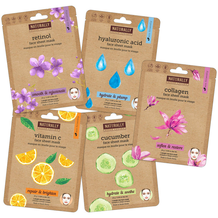 Naturally - Variety pack (Vitamin C, Hyaluronic Acid, Retinol, Cucumber, Collagen) - Perfect for at Home Spa Days, K-beauty inspired, Ingredients led online at globaldelivered