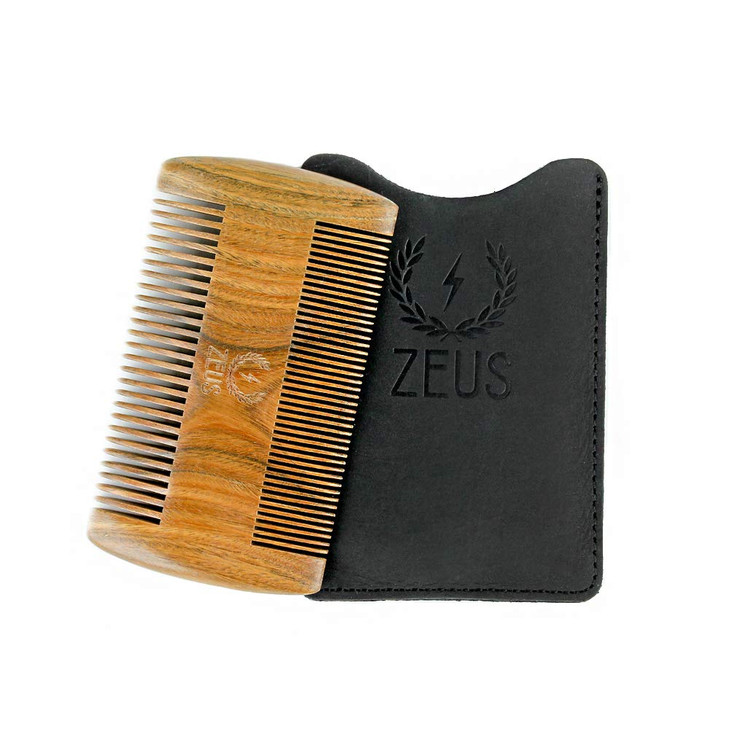 ZEUS DoubleSided Beard Mustache Comb for Men Natural Sandalwood Grooming Tool with Leather Case AntiStatic Travel Friend