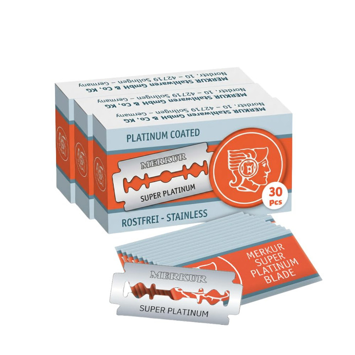 MERKUR SUPER Double Edge Safety Razor Blades 10 Count Pack of 3 Precision Stainless Steel Blades with Platinum and Teflo