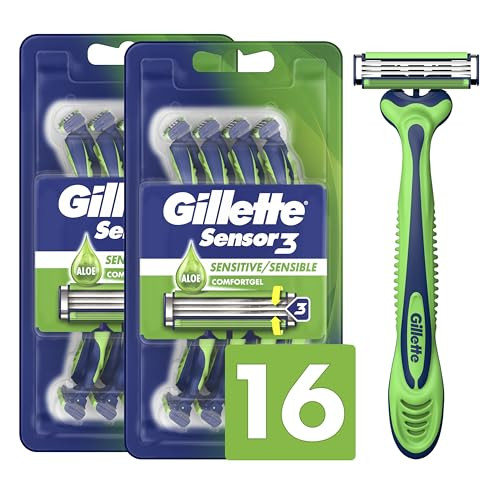 Gillette Sensor3 Sensitive Disposable Razors for Men Enhanced Lubrastrip Glides Easily Over Your Skin 8 Count Pack of 2